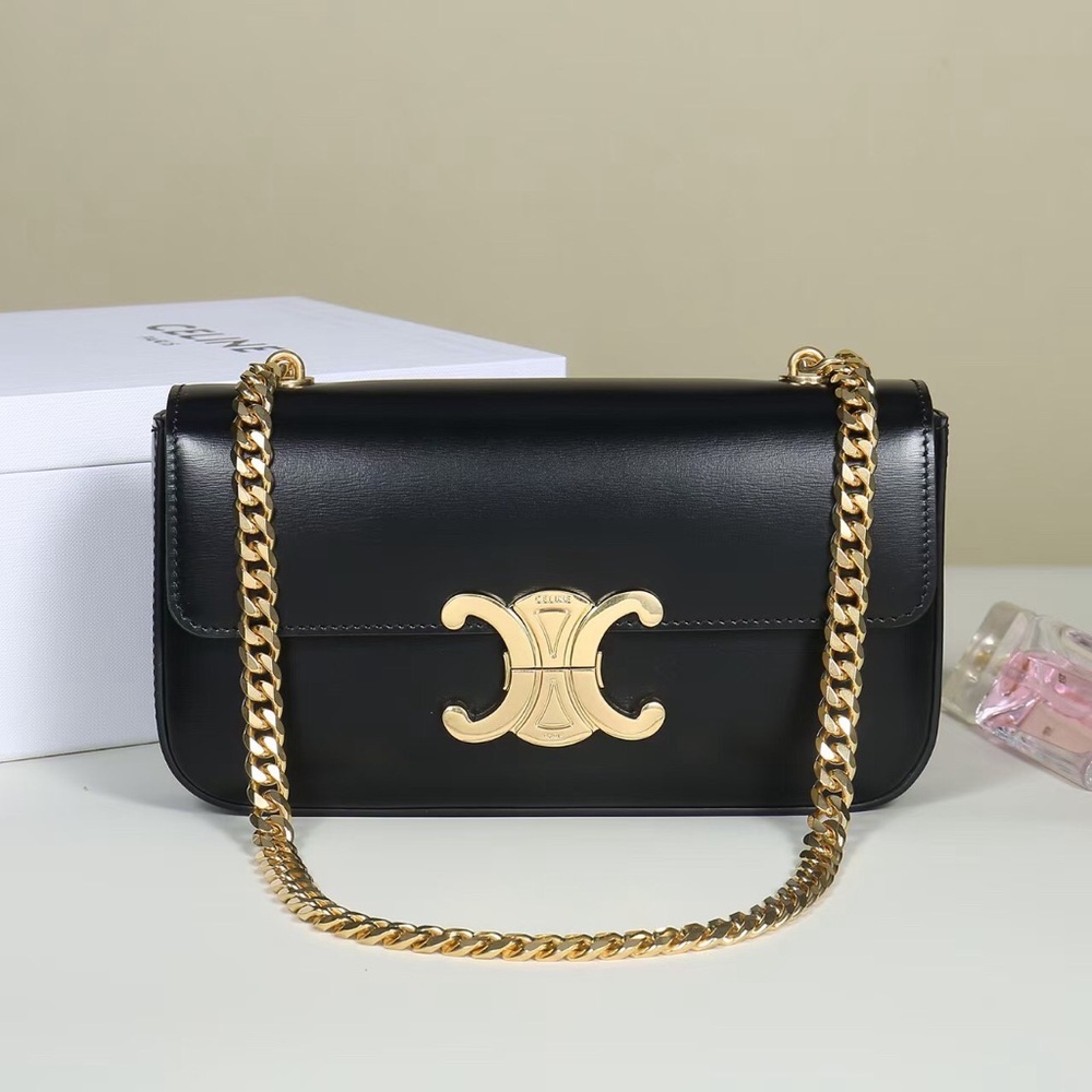 Celine Black Leather Shoulder Bag with Gold Chain